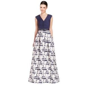 Teri Jon Knot front V-Neck Printed Navy & White Ball evening Gown dress size 2
